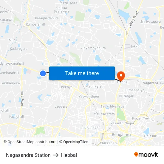 Nagasandra Station to Hebbal map