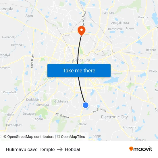 Hulimavu cave Temple to Hebbal map