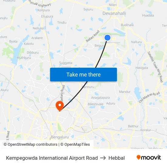 Kempegowda International Airport Road to Hebbal map
