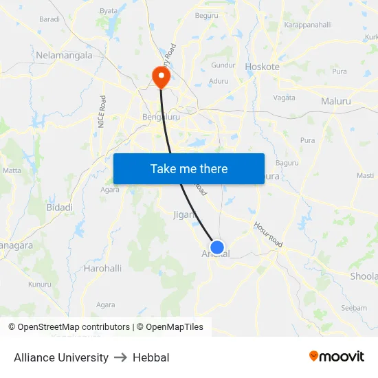 Alliance University to Hebbal map