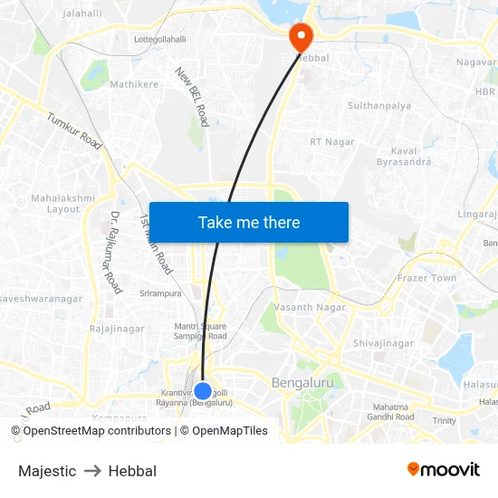 Majestic to Hebbal map
