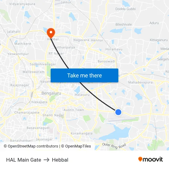 HAL Main Gate to Hebbal map