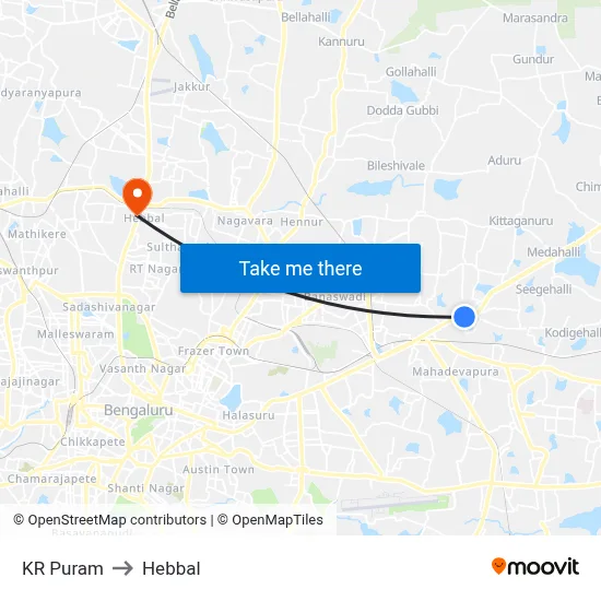 KR Puram to Hebbal map