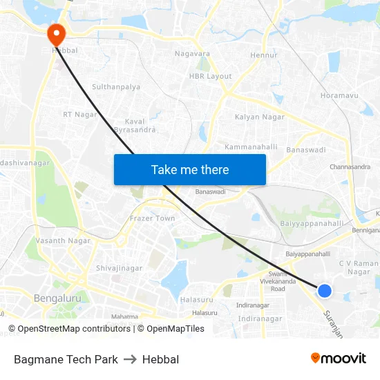 Bagmane Tech Park to Hebbal map