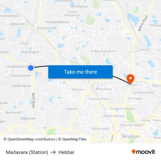Madavara (Station) to Hebbal map