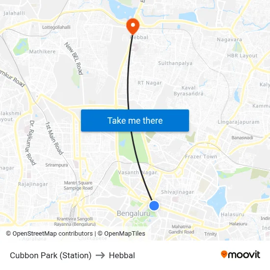Cubbon Park (Station) to Hebbal map
