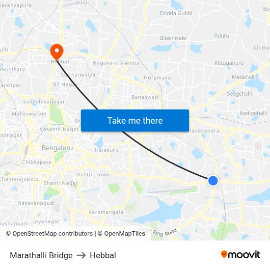 Marathalli Bridge to Hebbal map