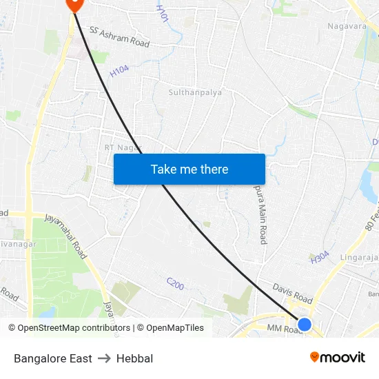 Bangalore East to Hebbal map