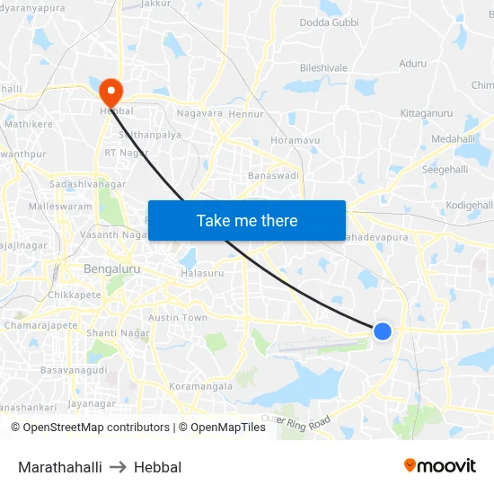 Marathahalli to Hebbal map