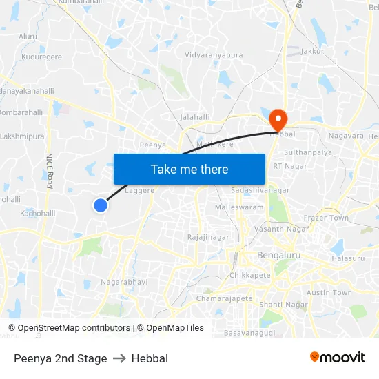 Peenya 2nd Stage to Hebbal map