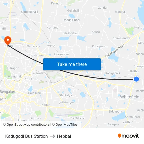 Kadugodi Bus Station to Hebbal map