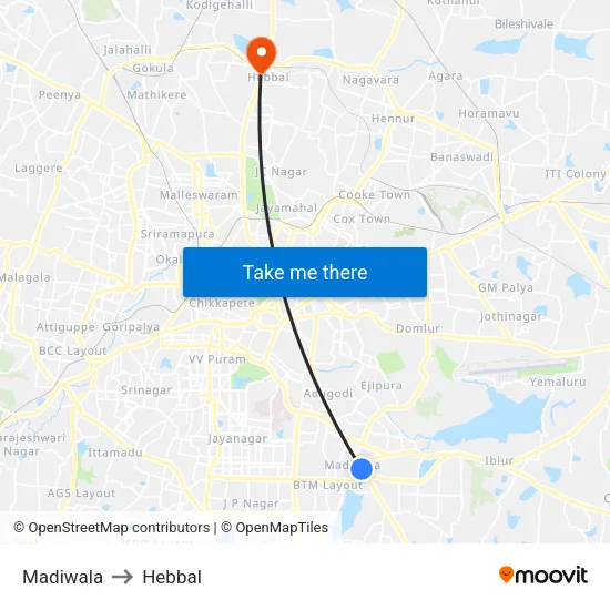 Madiwala to Hebbal map