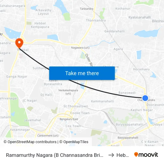 Ramamurthy Nagara (B Channasandra Bridge) to Hebbal map