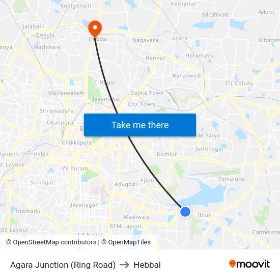 Agara Junction (Ring Road) to Hebbal map