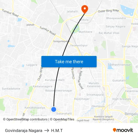 Govindaraja Nagara to H.M.T map