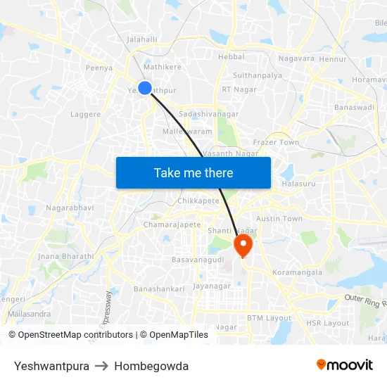 Yeshwantpura to Hombegowda map