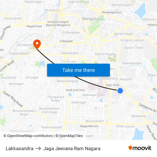 Lakkasandra to Jaga Jeevana Ram Nagara map