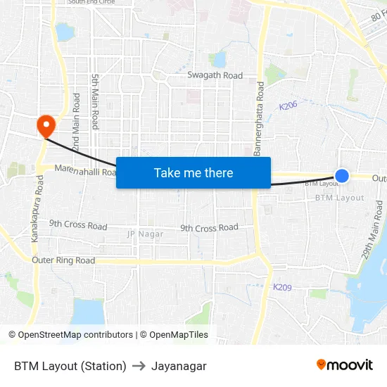 BTM Layout (Station) to Jayanagar map