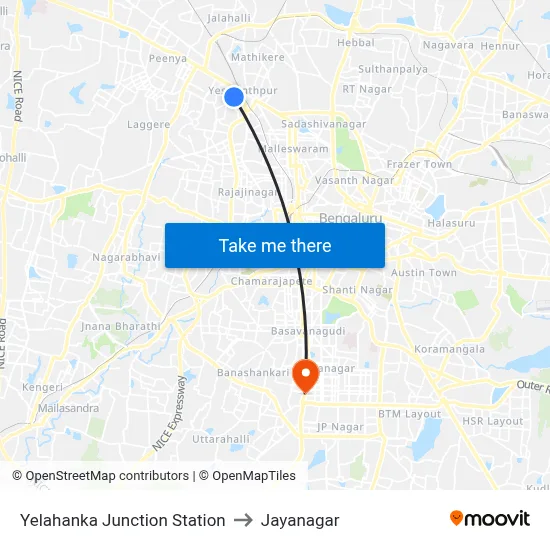 Yelahanka Junction Station to Jayanagar map