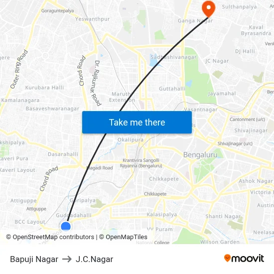 Bapuji Nagar to J.C.Nagar map