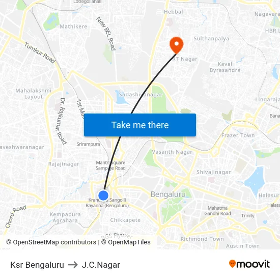 Ksr Bengaluru to J.C.Nagar map