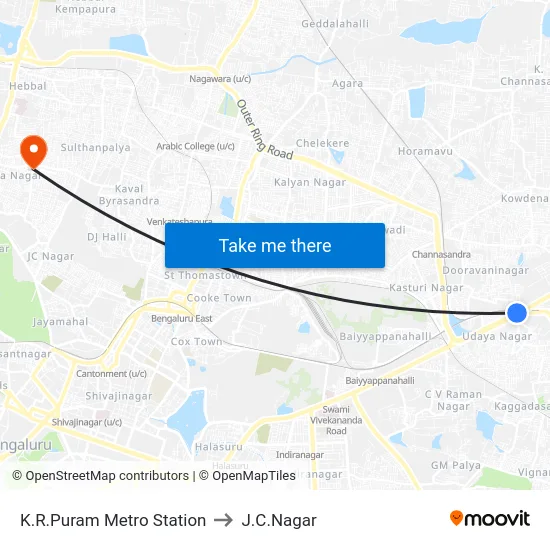 K.R.Puram Metro Station to J.C.Nagar map