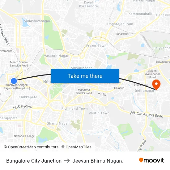 Bangalore City Junction to Jeevan Bhima Nagara map