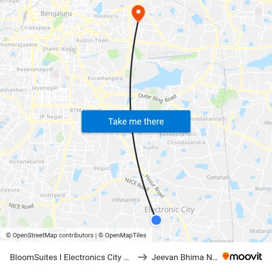 BloomSuites I Electronics City Bangalore to Jeevan Bhima Nagara map