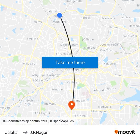 Jalahalli to J.P.Nagar map