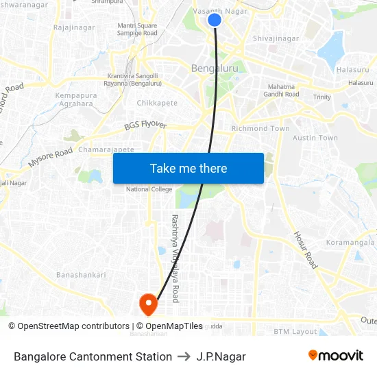 Bangalore Cantonment Station to J.P.Nagar map