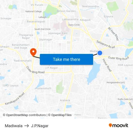Madiwala to J.P.Nagar map