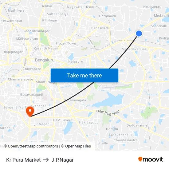 Kr Pura Market to J.P.Nagar map