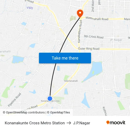 Konanakunte Cross Metro Station to J.P.Nagar map