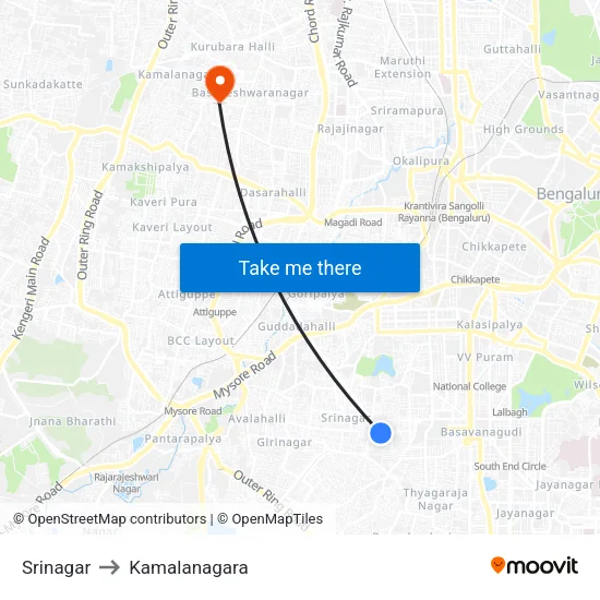 Srinagar to Kamalanagara map