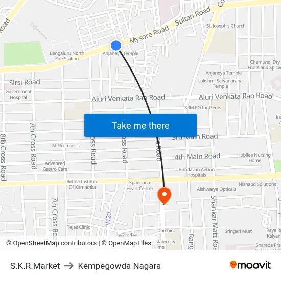 एस.के.आर. मार्केट to केम्पेगौड़ा नगर map