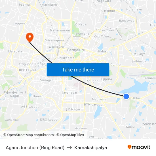 Agara Junction (Ring Road) to Kamakshipalya map