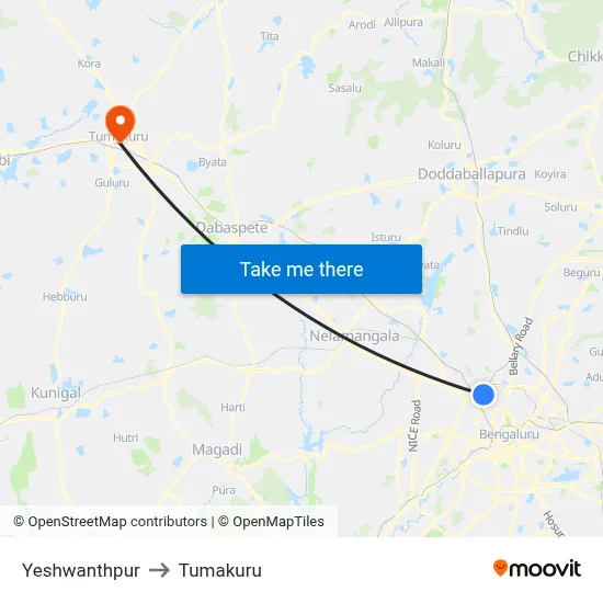Yeshwanthpur to Tumakuru map