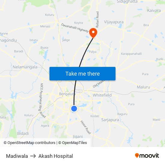 Madiwala to Akash Hospital map