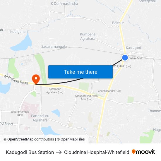Kadugodi Bus Station to Cloudnine Hospital-Whitefield map