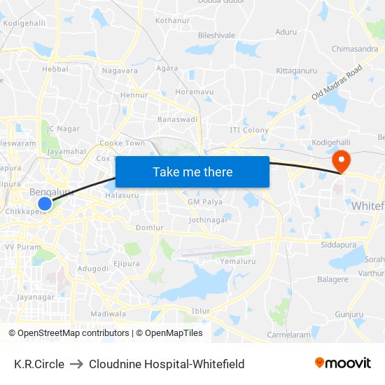 K.R.Circle to Cloudnine Hospital-Whitefield map