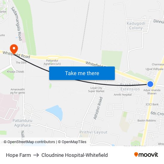 Hope Farm to Cloudnine Hospital-Whitefield map