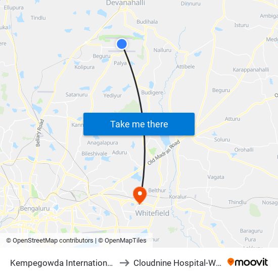 Kempegowda International Airport to Cloudnine Hospital-Whitefield map