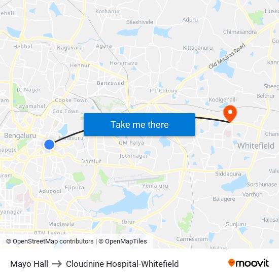 Mayo Hall to Cloudnine Hospital-Whitefield map