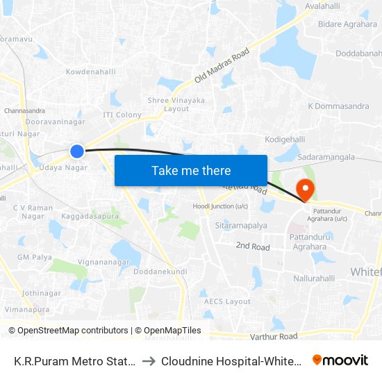 K.R.Puram Metro Station to Cloudnine Hospital-Whitefield map