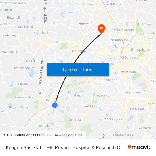 Kengeri Bus Station to Pristine Hospital & Research Centre map