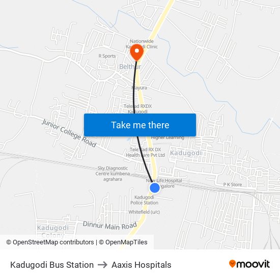 Kadugodi Bus Station to Aaxis Hospitals map