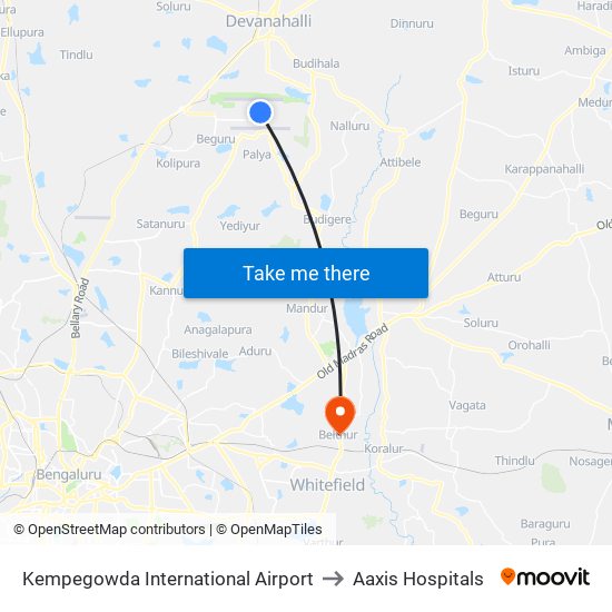 Kempegowda International Airport to Aaxis Hospitals map