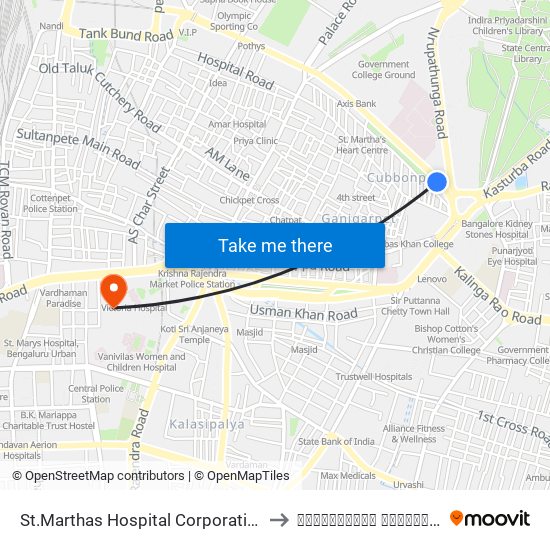 St.Marthas Hospital Corporation to विक्टोरिया हॉस्पिटल map