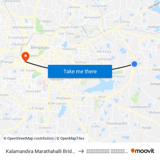 Kalamandira  Marathahalli Bridge to विक्टोरिया हॉस्पिटल map