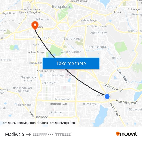 Madiwala to विक्टोरिया हॉस्पिटल map